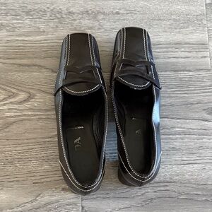 Vintage Prada Black Leather Loafer Heels with White Stitching
